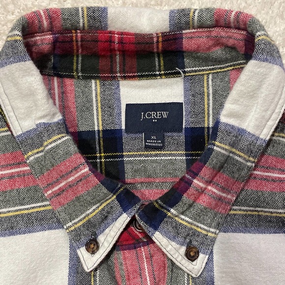J.Crew Colorful Plaid Button Down Flannel with Brown Elbow Patches EUC Size XL - Picture 2 of 6